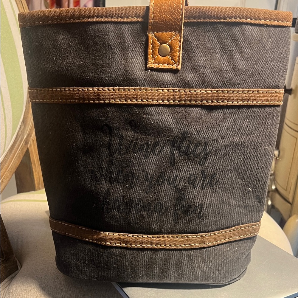 Myra Bag Black Canvas Wine Tote with Brown Leather Accents